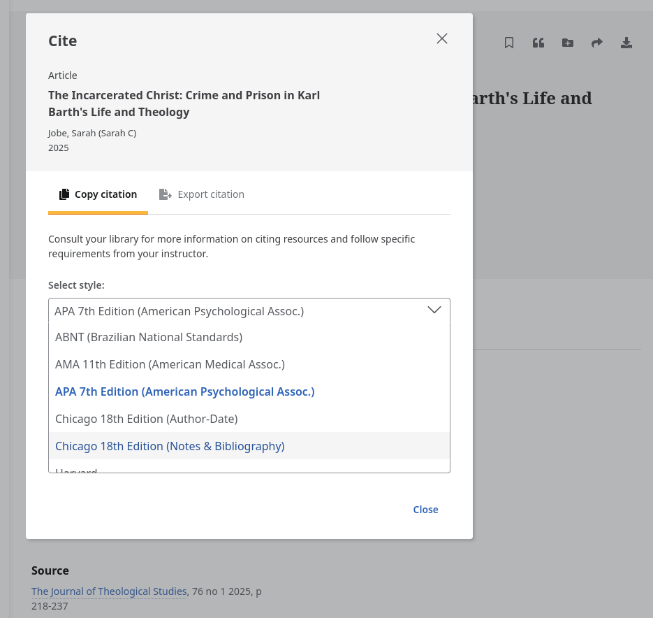 EBSCO web search result with the article citation dialog as it first appears