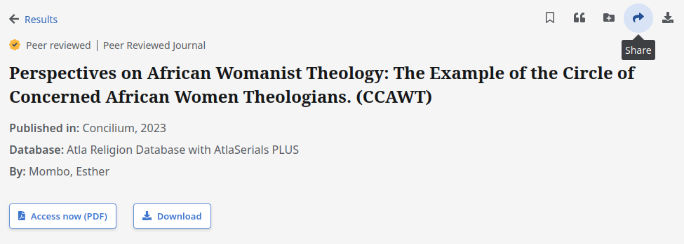 A JKM EBSCO search result listing with the "Share" button highlighted